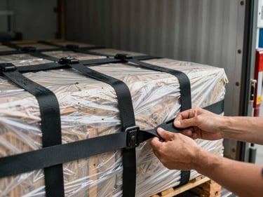 Close-up of cargo straps securing palletized freight inside a dry-van trailer, warehouse ambient lighting, hands checking tension on a ratchet strap