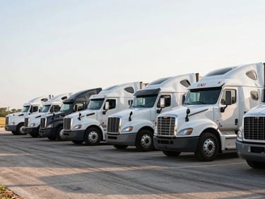 Row of H.N.I. Carriers semi-trucks staged in a Texas yard at early morning light, equipment clean and ready, long shadows across the asphalt, no drivers present