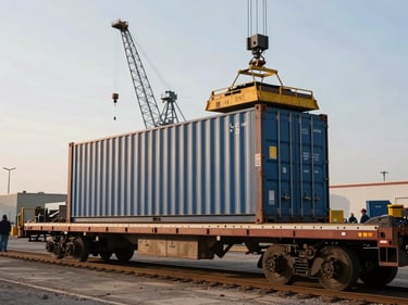 Wide shot of an intermodal container being loaded onto a flatbed trailer at a rail yard, daylight, crane silhouetted against a pale Texas sky, yard crew visible at ground level