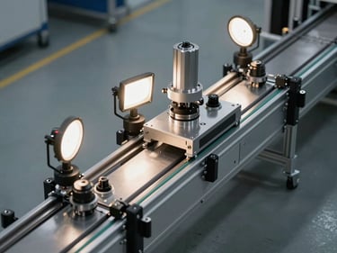 Overhead view of a precision automotive assembly conveyor line, bright balanced strobes, pallet transfer units and indexing stops sharp and clearly detailed, no workers or figures
