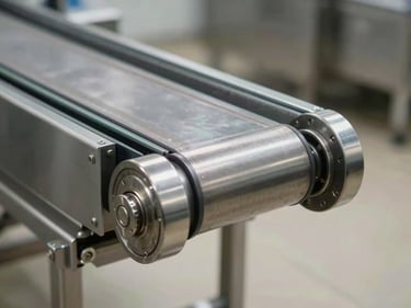 Close-up side-profile of a stainless-steel sanitary conveyor belt section in a food processing environment, bright diffused studio lighting, hygienic end caps and sealed bearings visible, no human figures