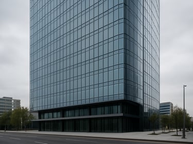 Exterior of a completed commercial tower in Mexico City at street level, glass curtain wall in sharp focus, overcast daylight, architectural documentation, no people