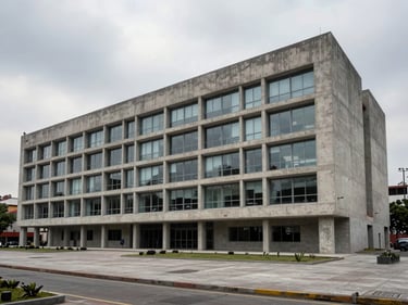 Exterior of a completed institutional building in Mexico City, clean facade of concrete and glass under overcast sky, public plaza in foreground, architectural documentation, no people