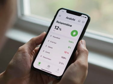 Android phone held at natural angle displaying a vocabulary retention quiz with a streak counter and accuracy percentage on screen, north-facing window light, hands partially in frame