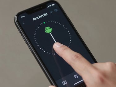 Finger tapping an Android phone screen showing a reaction-speed training game UI with a live millisecond counter, overhead close-up, studio daylight, clean dark interface visible