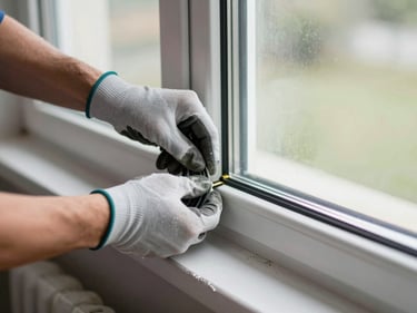 Close-up of installer's gloved hands pressing a window frame gasket into a PVC profile, natural window light from the side, concrete sill visible, installation process mid-step