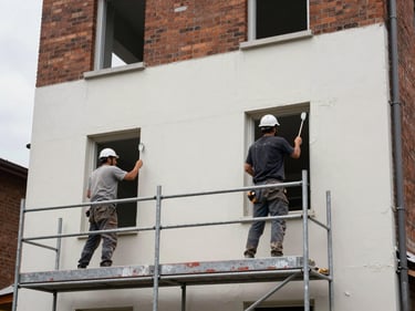Medium shot of a building facade renovation in progress, workers applying render to exterior wall, scaffolding in foreground, overcast daylight, brick structure visible behind fresh render layer