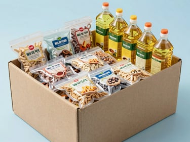 High-key daylight shot of packaged dry grocery goods and bottled cooking oils prepared for export shipping