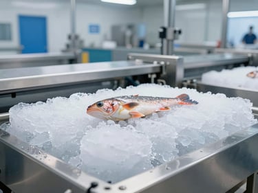 Pristine frozen seafood processing line, bright clean daylight, stainless steel surfaces, cold-chain managed