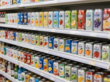 Rows of colorful canned fruit soft drinks organized neatly on a bright commercial shelf