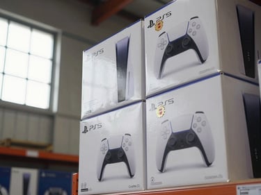 Overhead close-up of stacked sealed DualSense PlayStation 5 controller boxes on a warehouse shelf, manufacturer tamper-evident seal visible on each box, clean daylight from warehouse window to the left, muted concrete background