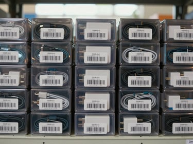 Extreme close-up of sealed accessory cartons — cables, chargers, and cases — arranged in a uniform grid on a warehouse shelf, authentication barcodes visible, daylight from a high window