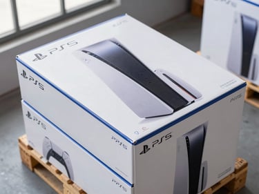 Overhead close-up of sealed PS5 console boxes stacked on a distribution pallet inside a warehouse, original manufacturer tape intact, clean daylight from side windows