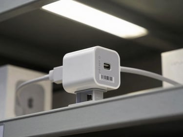 Extreme close-up overhead shot of a sealed Apple USB-C and MagSafe charger box on a matte warehouse shelf, authentication barcode visible on the side panel, clean studio strobe lighting from above, no background clutter