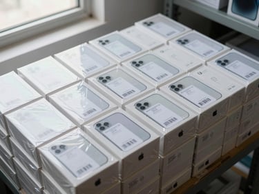 Wide overhead shot of sealed Apple iPhone boxes stacked in uniform rows on a warehouse shelf, clean daylight from a side window, focus on authentication labels and barcode strips