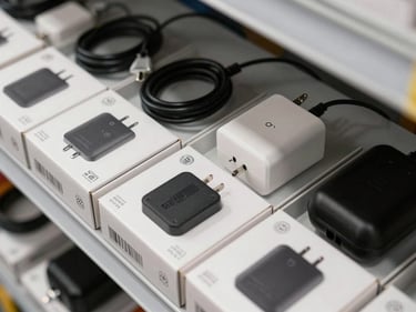 Overhead close-up of OEM accessory boxes — chargers, cables, cases — arranged in a grid on a warehouse shelf, clean studio daylight, barcodes and authentication marks in focus