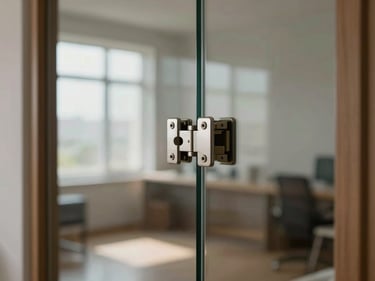 Interior architectural detail of a specialty glass partition panel, reflection of a daylit room caught in the surface, hardware hinge and clamp visible in sharp focus, no people