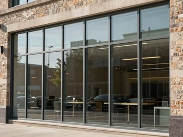 Wide environmental shot of a commercial storefront glass system set into a masonry facade, daylight reflecting off the glazing panels, clean silicone joints visible between mullions, no people