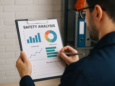 H&S consultant holding a chart displaying safety data analysis findings for client review and risk mitigation planning