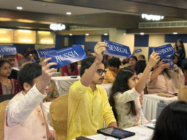 a man holding up signs in a room