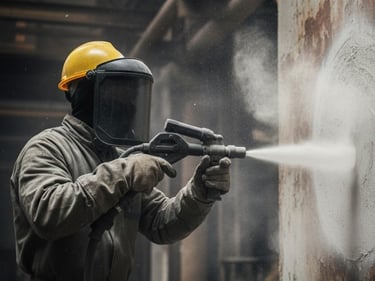 Trabajador haciendo el prceso de chorreo de arena en una pared de hormigón
