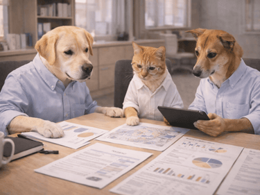 Two dogs and a cat wearing business shirts collaborate on data charts and a tablet in an office.