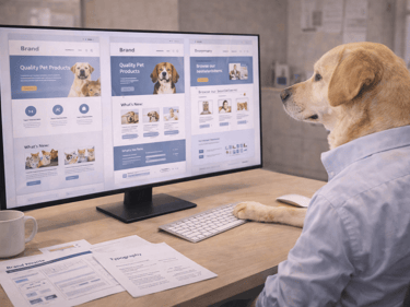 A golden retriever wearing a shirt designs a pet product website on a computer monitor.