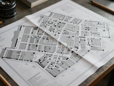 Overhead plan-view of a printed site map spread on a work table, pencil annotations visible, natural side light, no text legible