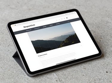 Close detail of a responsive web layout displayed on a tablet propped on a concrete surface, diffuse daylight, no faces, structural grid lines faintly visible on screen