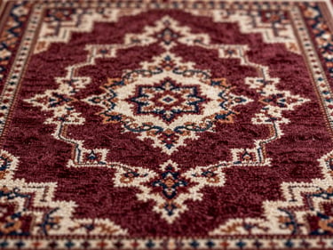Close-up of a hand-knotted oriental carpet pattern — intricate medallion motif in deep burgundy and ivory wool pile, shot under warm tungsten light that reveals pile depth and knot density, tight framing