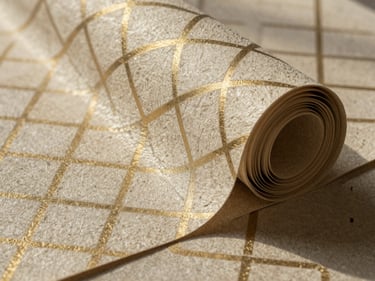Rolled and partially unfurled wallpaper samples showing a geometric trellis pattern — warm stone and brass tones on a textured non-woven substrate, lit by soft north-facing daylight to show surface relief and colour accuracy