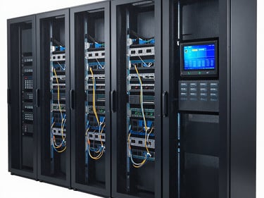 Structured cabling inside an open server rack showing organized patch cables color-coded by circuit, cable management arms visible, daylight from an adjacent window, no people