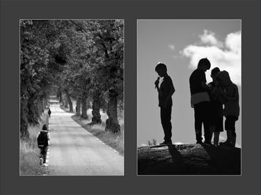 a black and white photo of children going to school and a group of children up on a hill