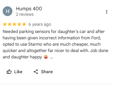 Customer review for parking sensors – fast affordable service by Starmo Auto Electrics