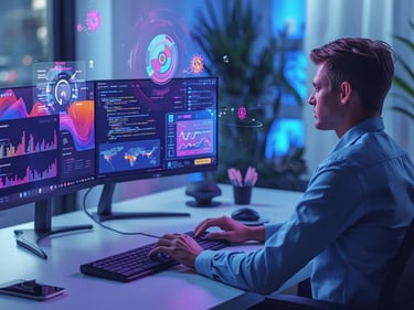 Professional building AI tools on computer with visual development interface