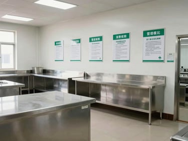 Wide environmental shot of an industrial canteen serving area, stainless steel counters and hygiene signage on wall visible, clean empty facility under bright even lighting, no staff faces