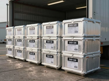 Wide shot of insulated food transport containers lined up on a loading dock under daylight, each container labeled with contents and temperature range, no people