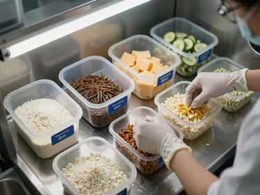 Overhead documentation shot of ingredient prep station with gloved hands portioning items into labeled containers, bright overhead fluorescent lighting, stainless steel surface
