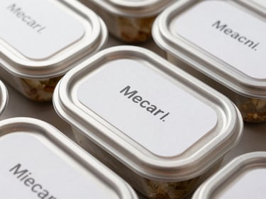 Close-up overhead of labeled meal containers in stainless steel trays under bright even studio lighting, temperature tags visible, no faces