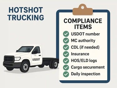 Hotshot truck and gooseneck trailer preparing FMCSA paperwork for federal logistics compliance