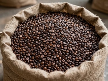 Overhead shot of dried robusta coffee beans spread on a burlap sack under diffused natural light, warehouse floor visible at edges