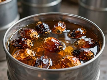 Close-up of raw palm oil in a steel drum, amber liquid catching natural warehouse light, industrial setting, no people