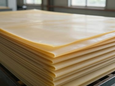 Tightly framed detail of raw natural rubber sheets stacked in a processing facility, pale yellow-amber tones, diffused daylight from high windows