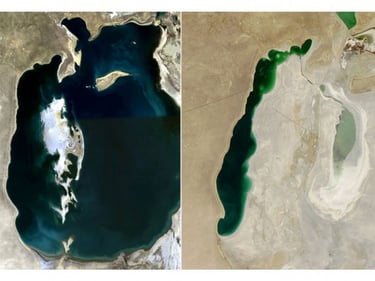 Satellite images of the Aral Sea drying up between 1989 and 2013