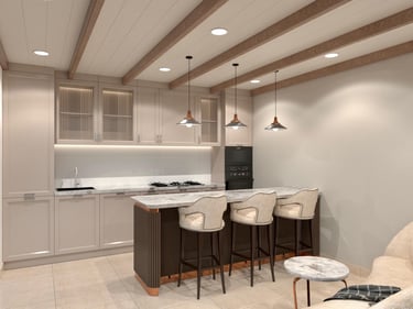 3D-rendered cozy kitchen with wood accents, pendant lighting, and a marble island – by SketchyCAD.