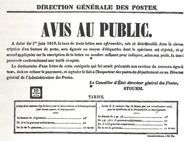 Affiche informant de l’apparition du 1er Chiffre-Taxe au 1er juin 1859.