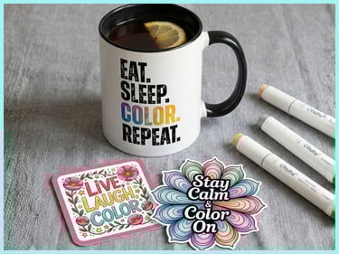 mug with a coloring phrase and stickers about coloring