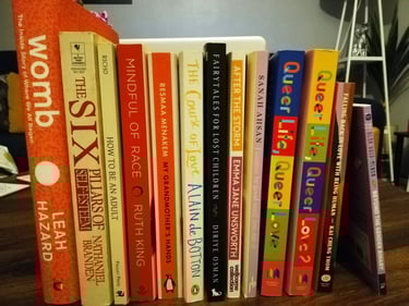 Collection of therapy books, fiction, and non-fiction..