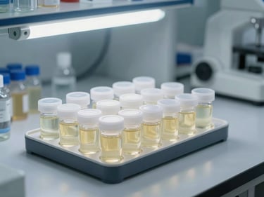 Urine sample vials in a laboratory centrifuge tray under bright fluorescent lighting, organized clinical workspace, clean white bench surface, sharp focus on the containers