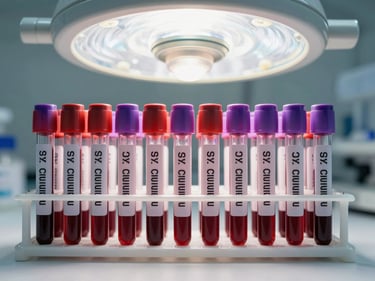 Rows of labeled blood collection tubes arranged in a rack under bright clinical overhead light in a laboratory, deep red and purple tube caps, crisp white background